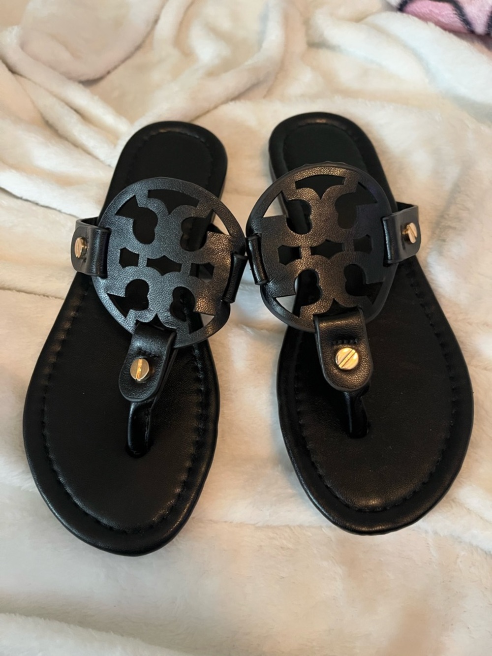 Women's Tory Burch look-alike  Black Cutout Thong Sandals with Gold Stud Detail